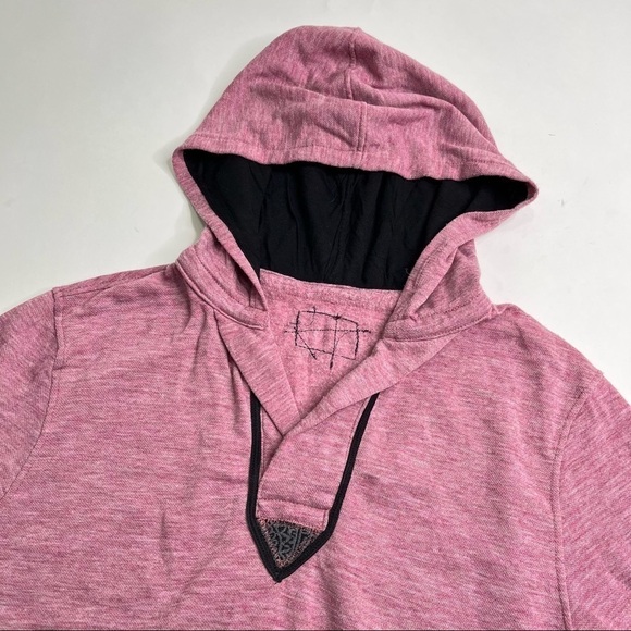 𝅺BOHO Artsy Heathered Pink Grey Paisley Trim Kangaroo Pouch Cozy Hoodie Sweater - Picture 2 of 5